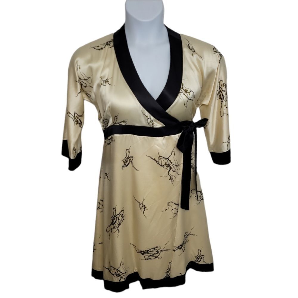 DANIELA‎ CORTE dress ivory silk Asian floral long sleeve wrap S